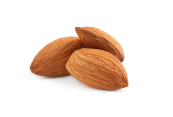 Organic almond nuts on white background, closeup. Healthy snack