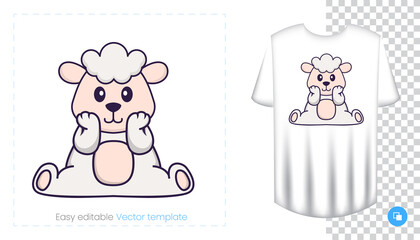 Cute sheep character. Prints on T-shirts, sweatshirts, cases for mobile phones, souvenirs. Isolated vector illustration on white background.