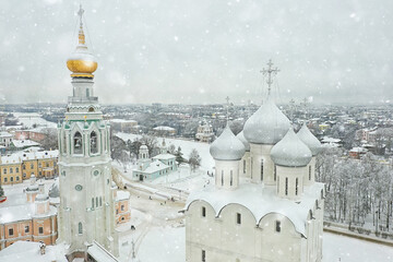 Fototapeta na wymiar Vologda cathedral winter landscape aerial view from drone