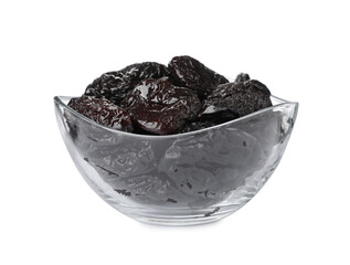 Bowl with sweet dried prunes isolated on white
