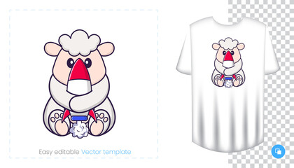 Cute sheep character. Prints on T-shirts, sweatshirts, cases for mobile phones, souvenirs. Isolated vector illustration on white background.