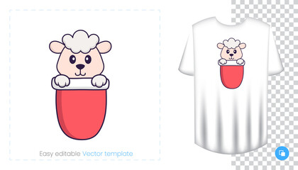 Cute sheep character. Prints on T-shirts, sweatshirts, cases for mobile phones, souvenirs. Isolated vector illustration on white background.