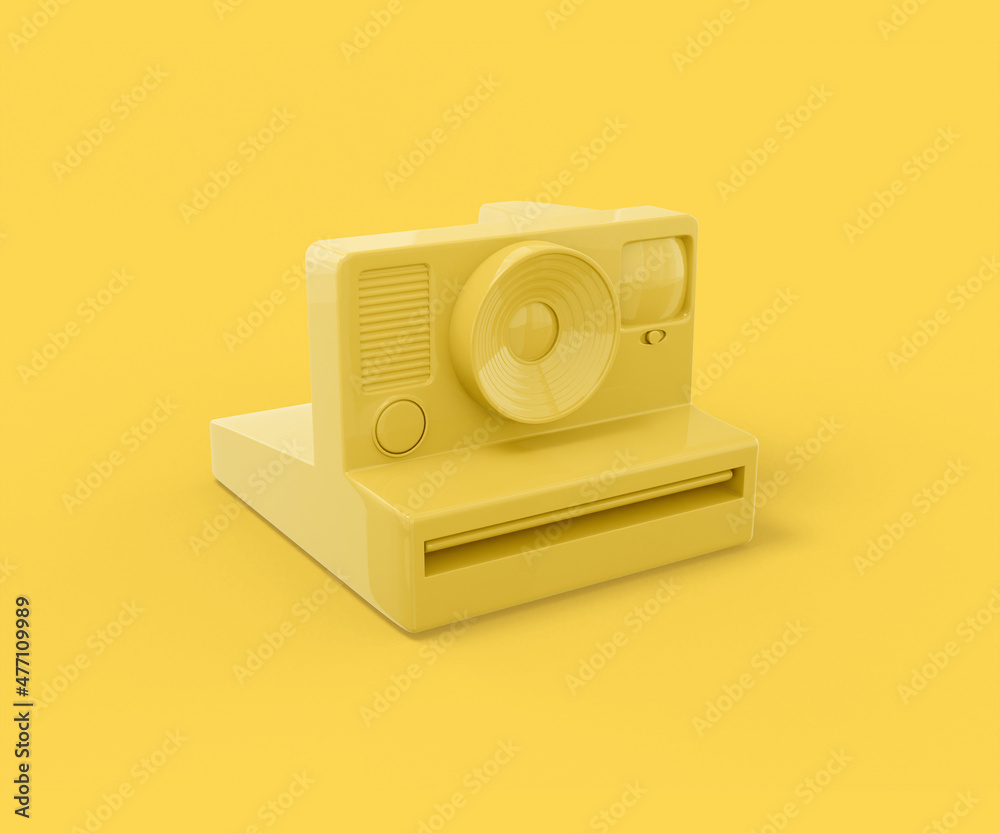 Poster yellow vintage camera for instant photos on a yellow background. minimalistic design object. 3d rend