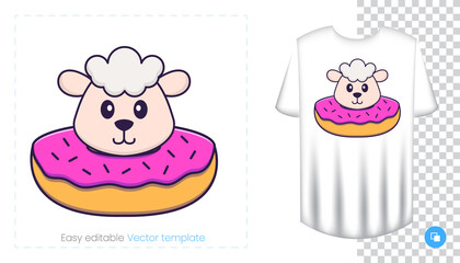 Cute sheep character. Prints on T-shirts, sweatshirts, cases for mobile phones, souvenirs. Isolated vector illustration on white background.