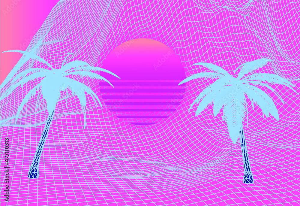 Poster synthwave styled 3d landscape with distorted laser grid, palm trees and sun. vector illustration.
