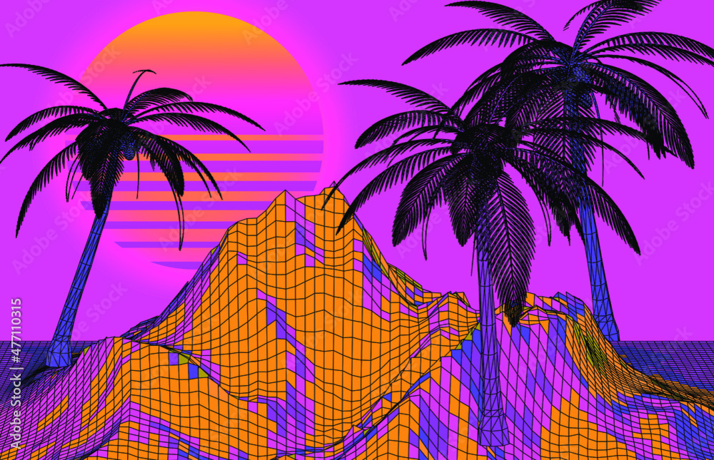 Poster synthwave styled 3d landscape with distorted laser grid, palm trees and sun. vector illustration.