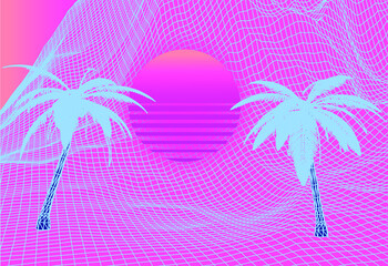 Synthwave styled 3D landscape with distorted laser grid, palm trees and sun. Vector illustration. - obrazy, fototapety, plakaty