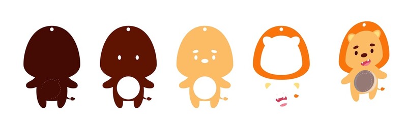 Cute lion candy ornament. Layered paper decoration treat holder for dome. Hanger for sweets, candy for birthday, baby shower, halloween, christmas. Print, cut out, glue. Vector stock illustration