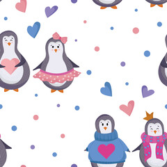 seamless pattern for Valentine's day, birthday on a white background. Festive pattern of gift boxes, bows, hearts, polka dots, stars, garlands, in a flat style. For packaging paper, fabric