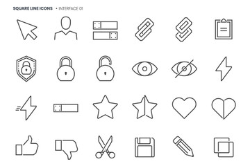 Interface 1 related, pixel perfect, editable stroke, up scalable square line vector icon set.