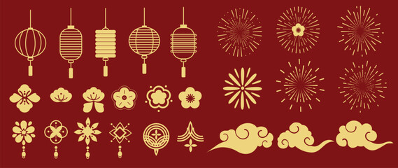 Chinese New Year Icons vector set. Chinese paper lantern and red lamp isolated icons of Asian Lunar New Year holiday decoration vector. Oriental culture tradition illustration.
 - obrazy, fototapety, plakaty
