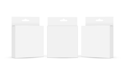 Set of Square Packaging Boxes With Hang Tab, Side and Front View, Isolated on White Background. Vector Illustration