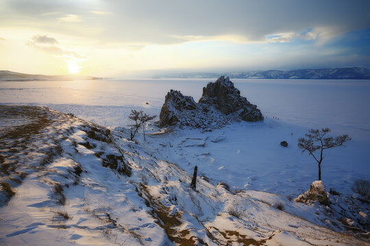 winter landscape nature lake baikal shamanka rock olkhon island