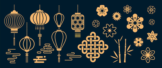 Chinese New Year Icons vector set. Chinese paper lantern and red lamp isolated icons of Asian Lunar New Year holiday decoration vector. Oriental culture tradition illustration.  © TWINS DESIGN STUDIO