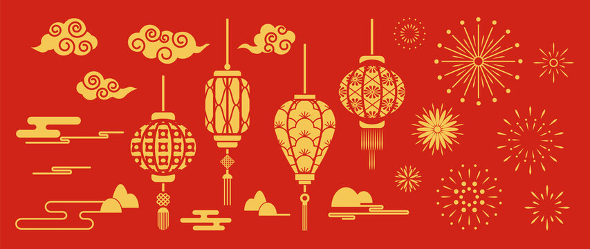 Chinese New Year Icons vector set. Chinese paper lantern and red lamp isolated icons of Asian Lunar New Year holiday decoration vector. Oriental culture tradition illustration.
