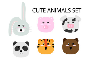 A set of cute animals. Rabbit, cow, pig, panda, tiger, bear. Good for any project.