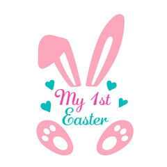 Fototapeta premium My first Easter vector design with bunny ears and hearts. Number with rabbit. Easter quote for baby. Vector illustration greeting card template isolated on white