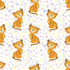 Cute tiger cub is a cartoon animal character. Seamless vector pattern in a flat style, on an original children's background of pastel colors. Interesting for surface decoration, textiles and packaging