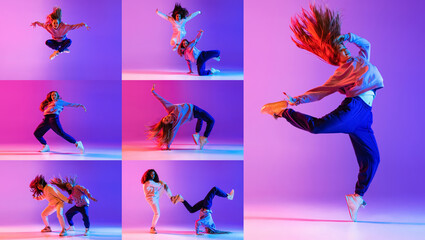 Collage of young girls, hip-hop dancers in motion, training isolated over gradient pink purple...