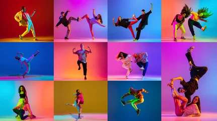 Foto op Canvas Collage of young people dancing hip hop isolated over multicolored background in neon lights © Lustre