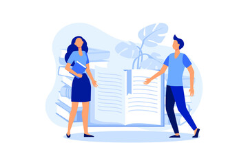 teaching young people to get knowledge from books, people running up the stairs to the book to knowledge, students composition vector flat modern design illustration