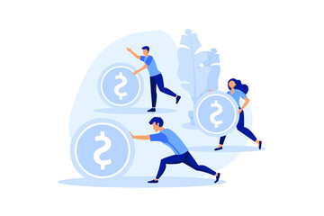 investment management, profit promotion, coins in motion, career growth to success, flat color icons, business vector flat modern design illustration