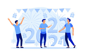 Plakat little people get ready for the New Year, are engaged in decoration, the inscription New Year 2021 replaces 2020 vector flat modern design illustration
