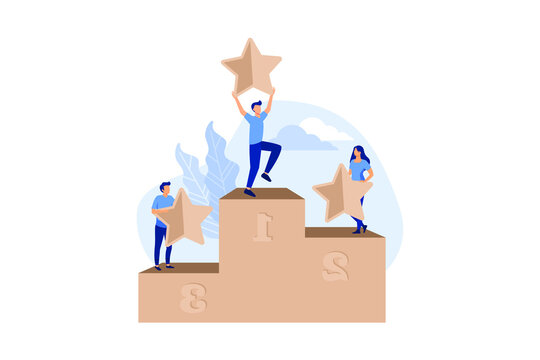 leadership qualities in a creative team, direction to a successful path, small people are happy to have a winner, a successful career, building a rating vector flat modern design illustration