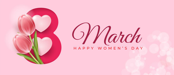 Realistic banner happy Womens day. 8 march symbol with tulip flower on pink background