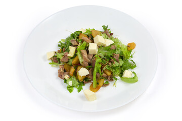 Salad with boiled duck meat, soft cheese, pear and greens