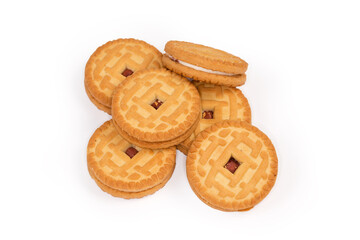 Round sandwich cookies on a white background