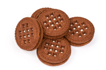 Round sandwich cookies on a white background