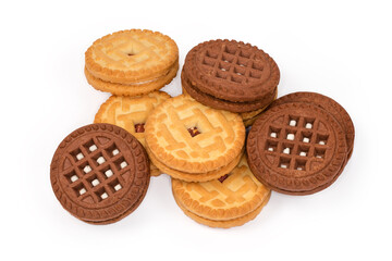 Light and dark round sandwich cookies on a white background