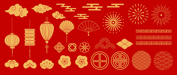 Chinese New Year Icons vector set. Chinese paper lantern and red lamp isolated icons of Asian Lunar New Year holiday decoration vector. Oriental culture tradition illustration.  © TWINS DESIGN STUDIO