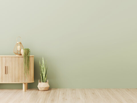 Green interior mockup with empty wall, curved slat sideboard and plants in trendy living room. illustration, 3d rendering