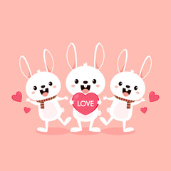 Obraz na płótnie Canvas Valentine's day card with Kawaii bunny. Rabbit cartoon vector collection. Animal wildlife character. Small lovely rabbit holds love heart. Valentine's day illustration.