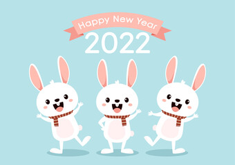 Fototapeta premium Cute white bunny. Rabbit cartoon vector collection. Happy new year 2022 poster. Animal wildlife character.
