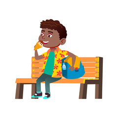 unhealthy boy eating sweets, hungry toddler. vector flat cartoon illustration