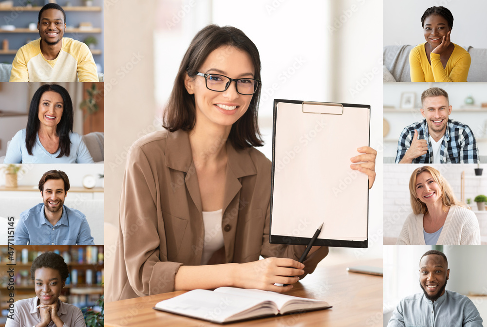 Poster online tutoring concept. female tutor having virtual lesson with group of students