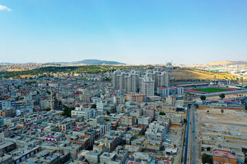 View of the streets and the city from above with drone in daylight. Turkey Gaziantep.