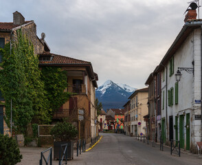 Main street of the village of Aspet in winter, in Haute Garonne, Occitanie, France