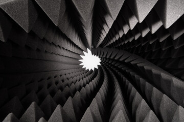 Abstract fractal background. Light hole in the roll triangular acoustic foam rubber. Studio sound...