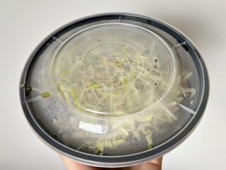 Food to go delivery packing plastic bowl package of asian vegetable soup noodles