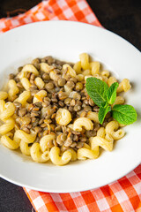 pasta lentil cavatappi bean legume  no meathealthy meal snack copy space food background rustic 
