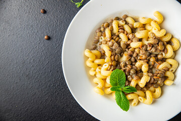 pasta lentil cavatappi bean legume  no meathealthy meal snack copy space food background rustic 