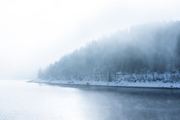 Snow-covered landscape at Christmas time at the Schluchsee in the Upper Black Forest, Germany