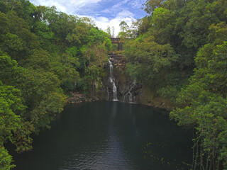 Fototapeta na wymiar Aerial view of Rivière du Poste waterfall hidden in the south of Mauritius island