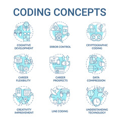 Coding turquoise concept icons set. Software development job idea thin line color illustrations. Isolated outline drawings. Editable stroke. Roboto-Medium, Myriad Pro-Bold fonts used