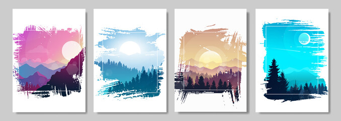 The frame of brush strokes. Abstract landscape vector set. Banner set with polygonal mountains landscape illustrations. Minimalistic style. Flat design. Travel concept of discovering, exploring