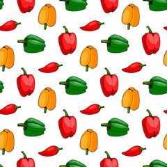 Seamless pattern with hand drawn red, orange and green peppers on white background. Vector image.